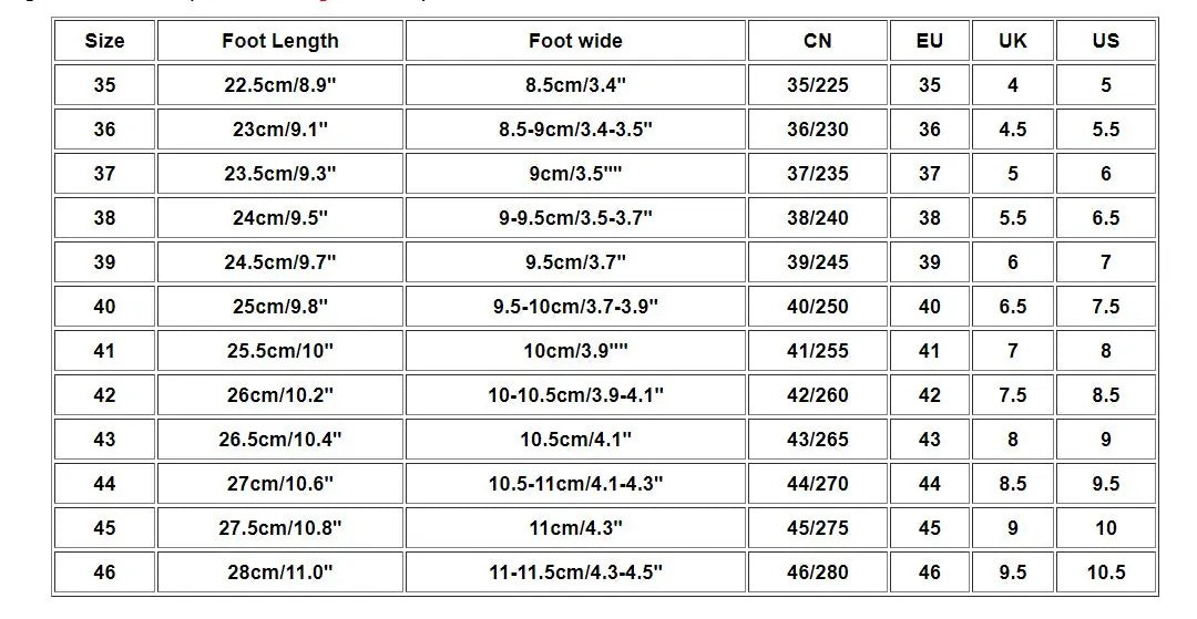 LED Fibre Optic Glowing Shoes Size Chart