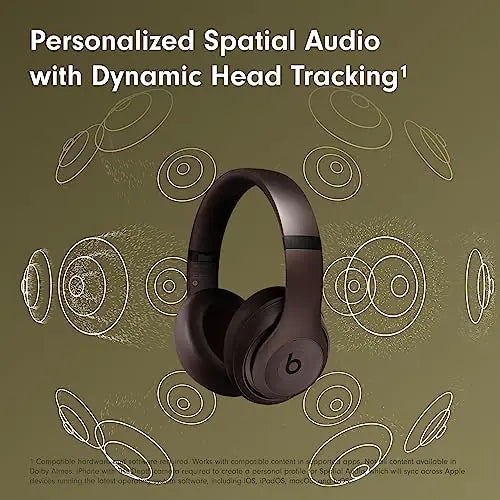 Graphic of black Beats over-ear headphones on an olive background with illustrated sound waves and text reading “Personalized Spatial Audio with Dynamic Head Tracking.”