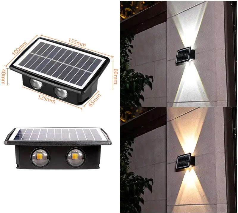 Solar-powered wall light with dual LEDs and size measurements, plus photos showing the light casting up-and-down beams on an exterior wall.