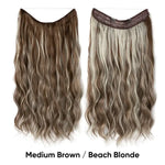 Two views of a long wavy halo hair extension with blended medium brown and beach-blonde highlights, shown front and back on a white background with the label “Medium Brown / Beach Blonde.”