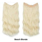 Two long, wavy beach-blonde hair extension pieces shown front and back, with an attached clip/comb band, labeled “Beach Blonde,” on a white background.