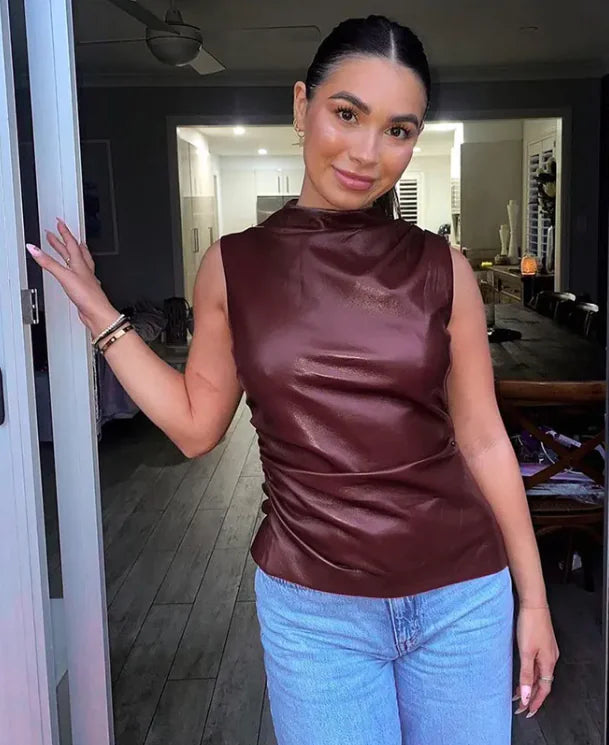 Women's Waist Slant Sleeveless Leather Top