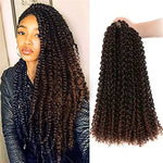 Side-by-side image showing a model wearing long, thick curly twist/braided hair extensions, with a separate view of the loose bundle of the same curly hair held up on the right.