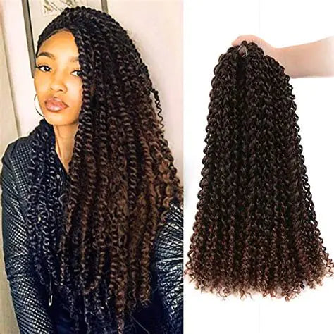 Side-by-side image showing a model wearing long, thick curly twist/braided hair extensions, with a separate view of the loose bundle of the same curly hair held up on the right.