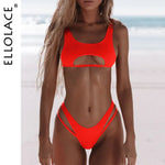 Model wearing a lilac/red cutout bikini set on a beach, with “ELLOLACE” text along the left side.