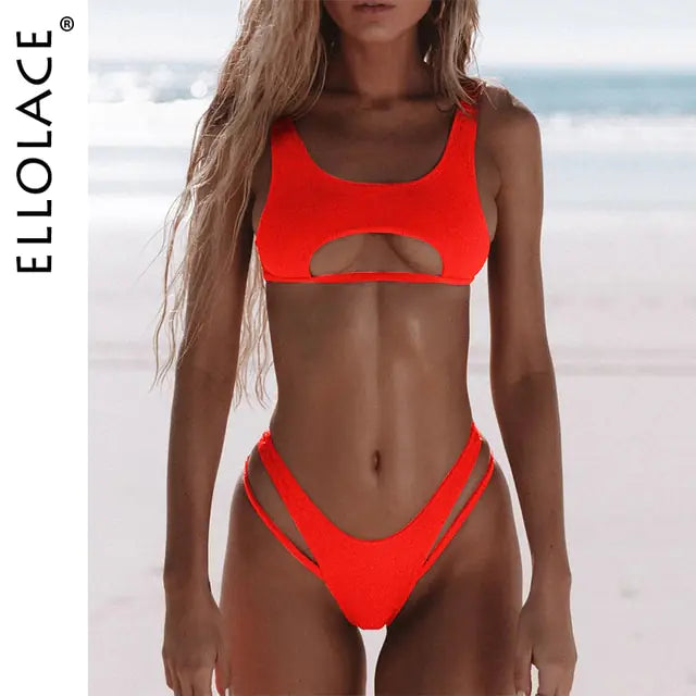 Model wearing a lilac/red cutout bikini set on a beach, with “ELLOLACE” text along the left side.