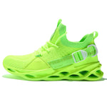 A neon green athletic sneaker with a knit sock-like upper, matching laces, and a sculpted sole featuring large cutout sections. It also has a supportive side strap detail and pull tabs at the tongue and heel for a bold, futuristic look.