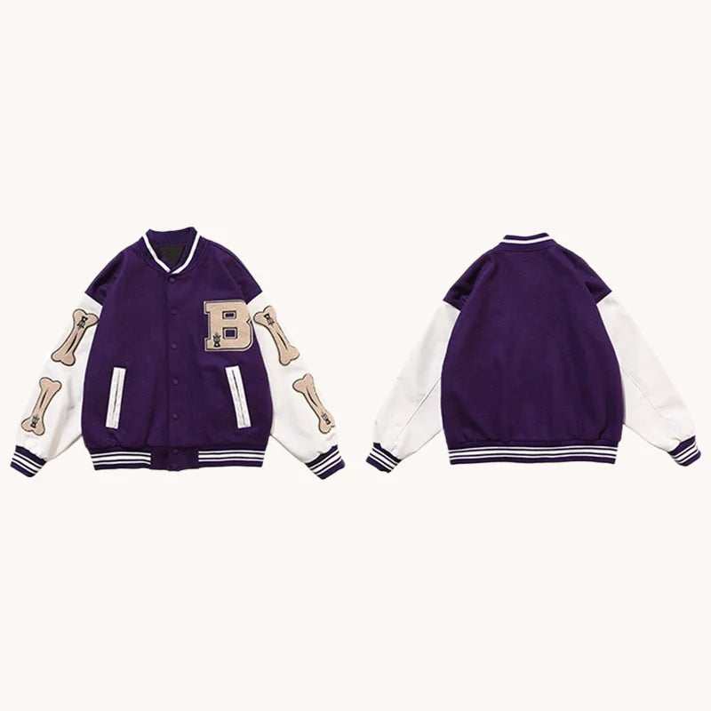 Front and back view of a purple varsity jacket with white sleeves, striped ribbed collar/cuffs/hem, a large “B” patch on the chest, and bone graphics down the sleeves.