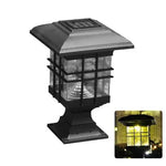 A solar-powered outdoor lamp with a decorative grid design, featuring a clear glass cover and a light inside. The second image shows the lamp illuminated at night.
