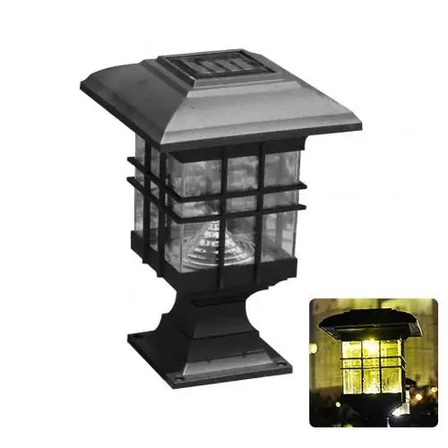 A solar-powered outdoor lamp with a decorative grid design, featuring a clear glass cover and a light inside. The second image shows the lamp illuminated at night.