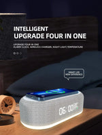 Promotional image of a fabric-covered bedside alarm clock with a glowing base and digital display reading “06:00” and “23°C,” with a smartphone charging on top; text reads “Intelligent Upgrade Four in One” and lists alarm clock, wireless charger, night light, and temperature.