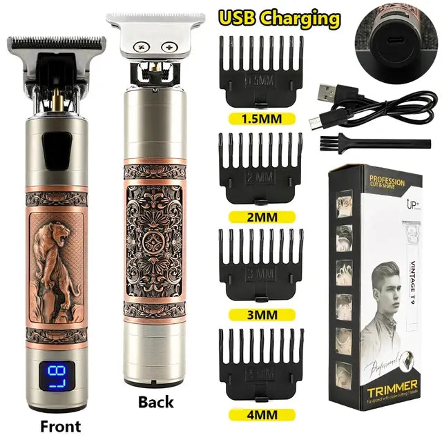 Product collage of a rechargeable hair trimmer showing front and back views, labeled “USB Charging,” with three clipper guards (1mm, 2mm, 3mm), a USB cable, cleaning brush, oil bottle, blade cover, and the retail box on a white background.