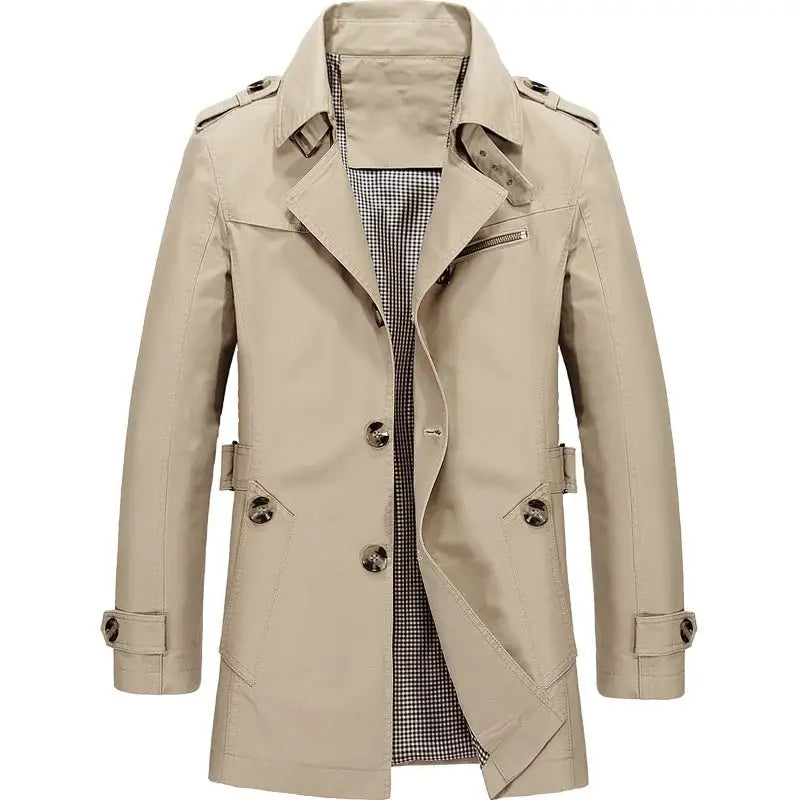 A beige trench coat with a double-breasted design, epaulets on the shoulders, and a checkered inner lining, displayed with the coat open.