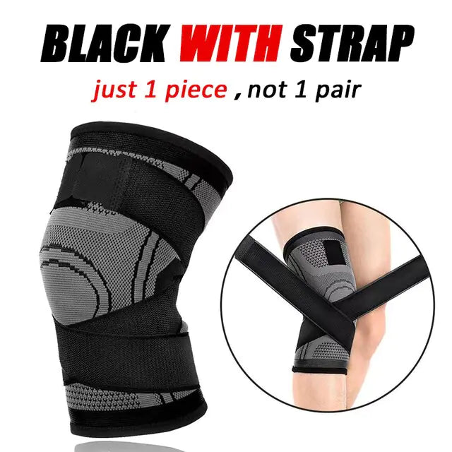 A black knee compression sleeve without straps, featuring a textured and contoured design for joint support. The image includes bold text that reads: "BLACK NO STRAP" in black and red, and underneath in red and black text: "just 1 piece, not 1 pair