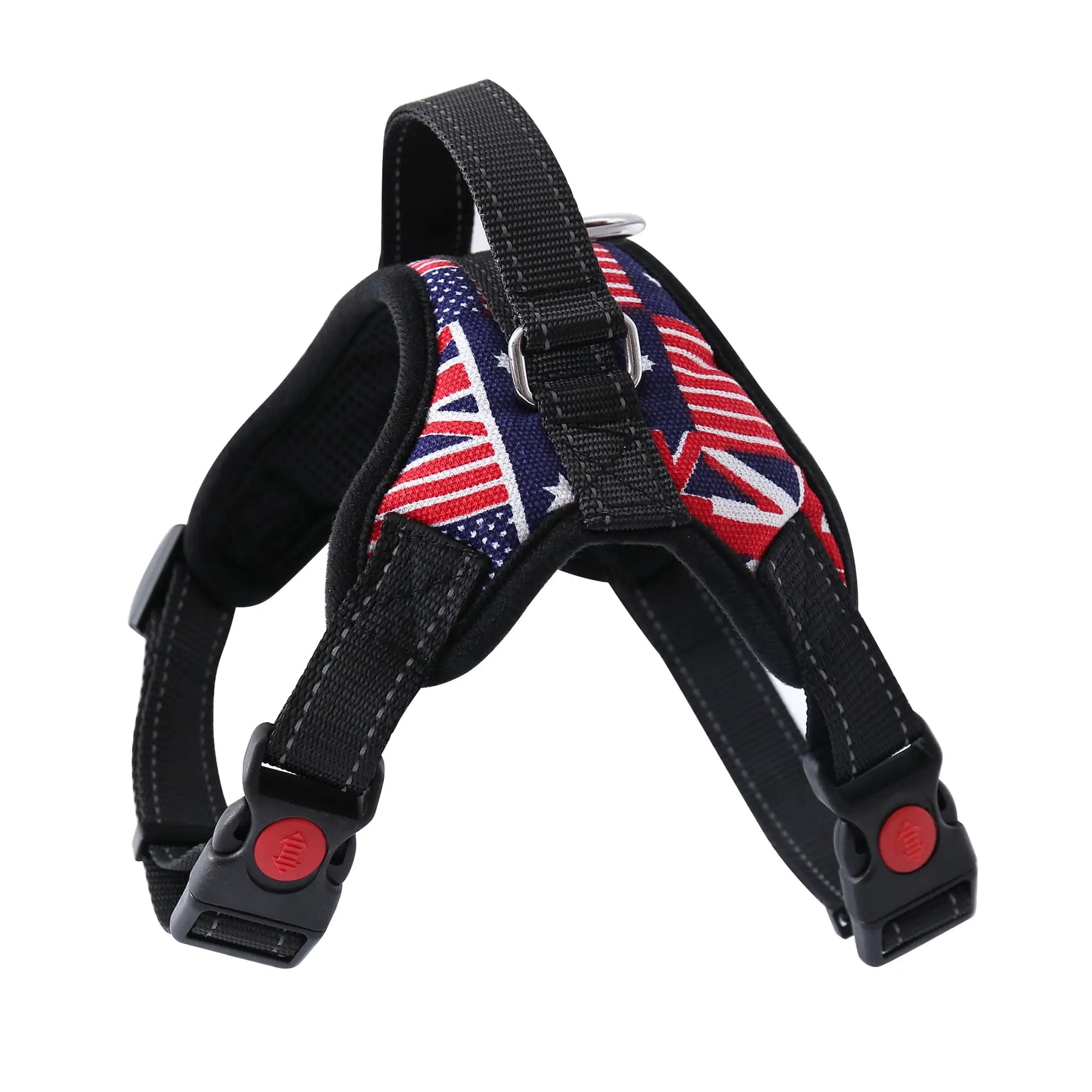 Red and black padded dog harness with adjustable straps, quick-release buckles, and a metal D-ring for leash attachment.