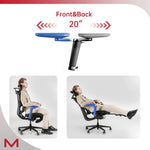 Ergonomic chair with adjustable armrests shown from front and back, featuring a person using the chair.