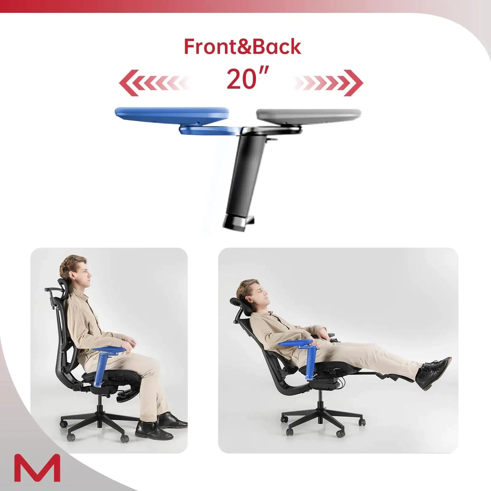 Ergonomic chair with adjustable armrests shown from front and back, featuring a person using the chair.