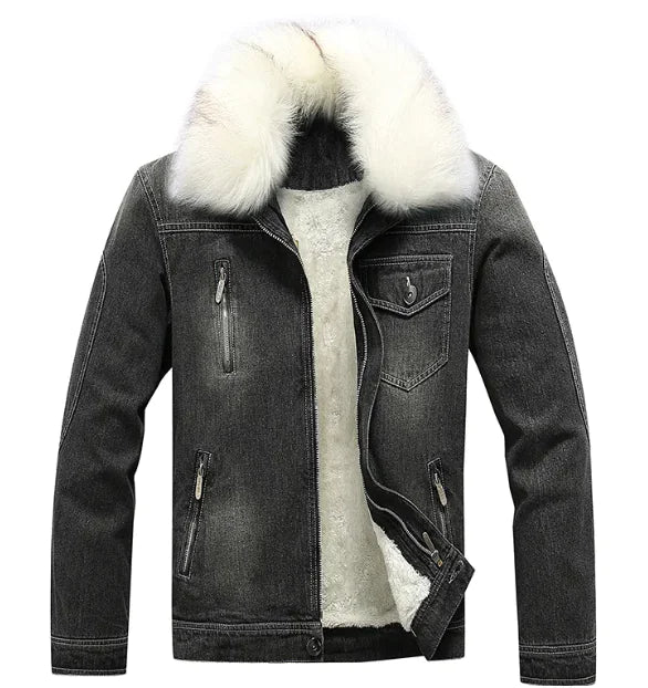 Men's Winter Fur-Lined Denim Jean Jacket