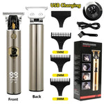 Gold engraved USB-rechargeable hair trimmer kit showing front and back views of the clipper, four guide combs labeled 1.5mm, 2mm, 3mm, and 4mm, a USB cable, cleaning brush, user manual, and product box.