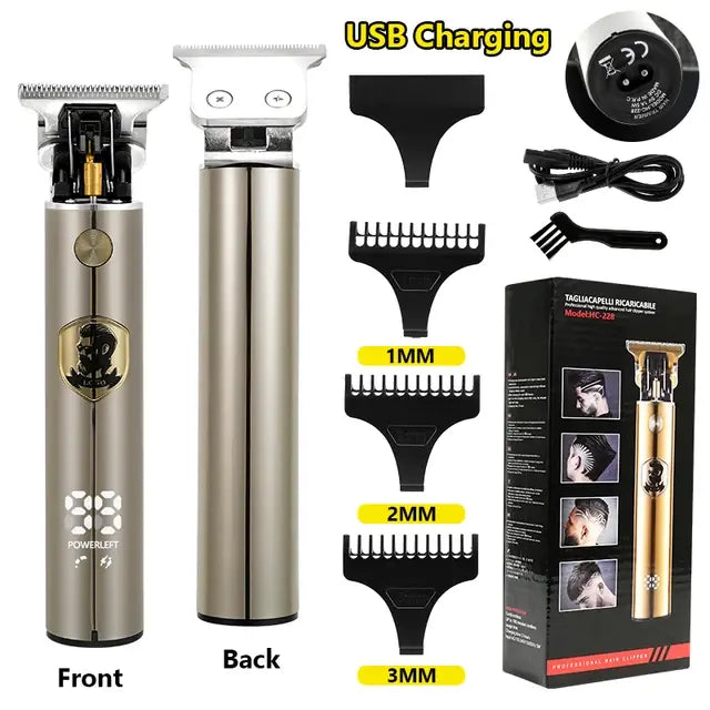 Gold engraved USB-rechargeable hair trimmer kit showing front and back views of the clipper, four guide combs labeled 1.5mm, 2mm, 3mm, and 4mm, a USB cable, cleaning brush, user manual, and product box.