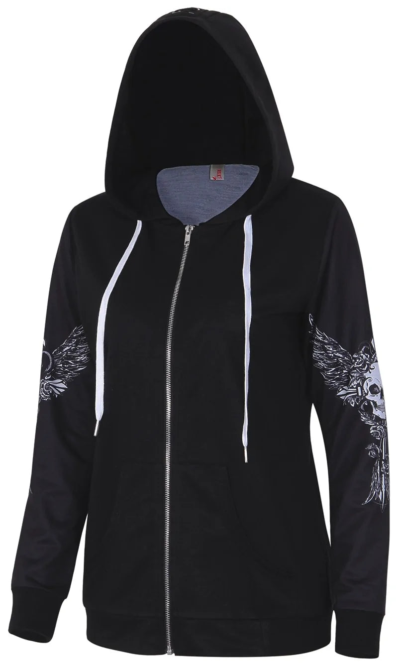 Comfortable hoodie with intricate skull and angel wings pattern