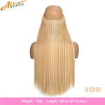 Back view of a mannequin head wearing a long, straight blonde hairpiece; text at the bottom reads “Weight: 110g Length: 60cm (24 inches),” with “105” in the lower-right corner.