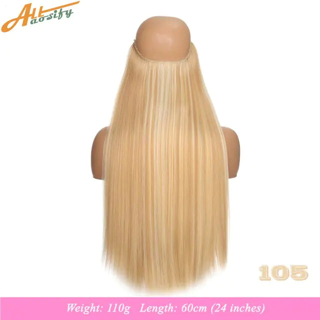 Back view of a mannequin head wearing a long, straight blonde hairpiece; text at the bottom reads “Weight: 110g Length: 60cm (24 inches),” with “105” in the lower-right corner.