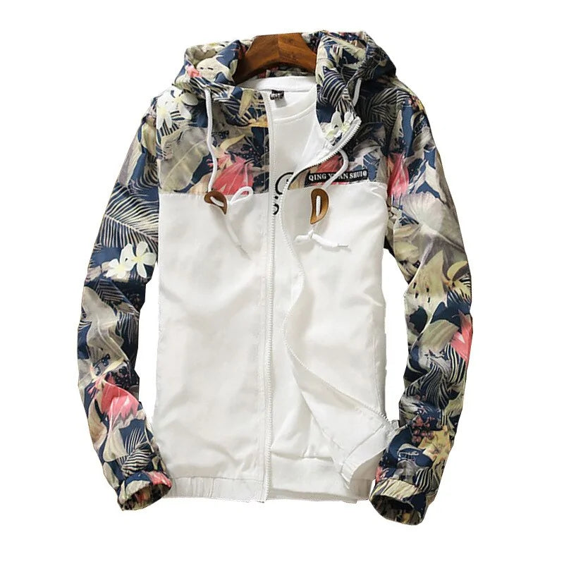 Beige zip-up men’s jacket with warm fleece lining and side pockets.
