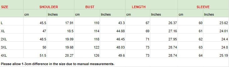 Men’s Ultra-Warm Padded Winter Jacket Size Chart