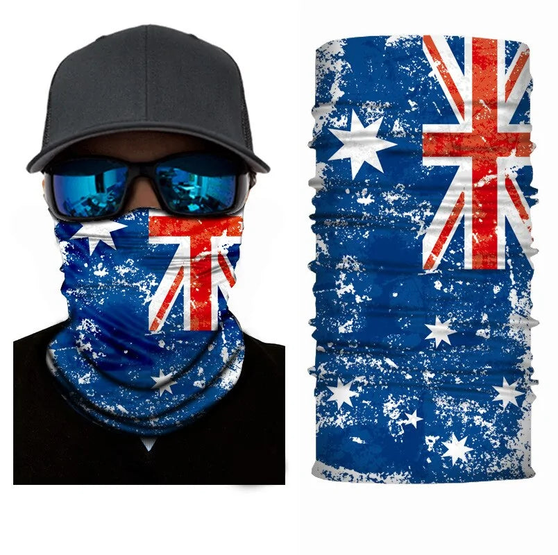 Australian flag print neck gaiter face covering with distressed blue, red and white design.
