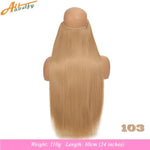 Back view of a mannequin head wearing a long, straight blonde hairpiece; text at the bottom reads “Weight: 110g Length: 60cm (24 inches),” with “105” in the lower-right corner.