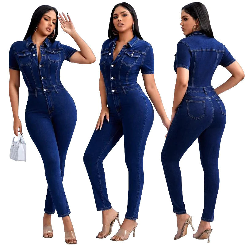 Woman modeling a form-fitting, dark blue denim jumpsuit with short sleeves, button-down front, and chest pockets, shown from front, three-quarter, and back views. She pairs the outfit with clear high-heeled sandals and a small white handbag.