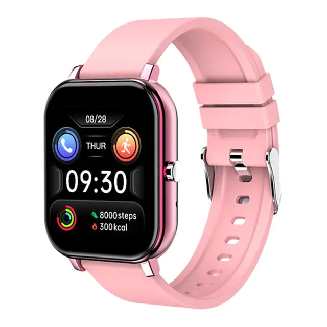 Pink, rectangular smartwatch with a light gray silicone strap, displaying the time “09:30,” date “03/06 MON,” and a colorful fitness dashboard with labeled bars for BPM, KM, KCAL, and STEP.