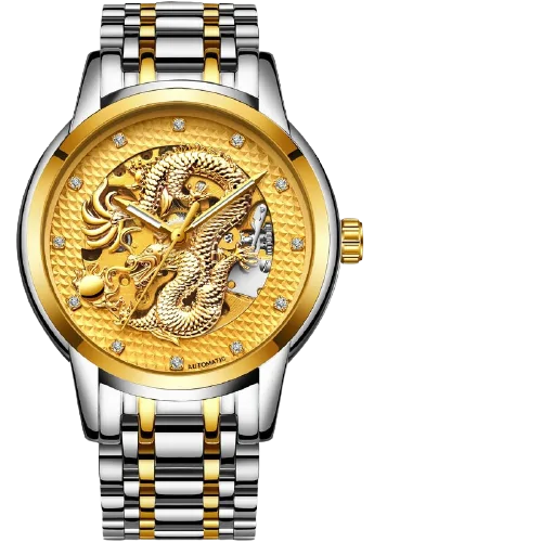 Two-tone silver-and-gold metal wristwatch with a gold dial featuring an embossed dragon design, crystal hour markers, and a partially open “skeleton” window showing the movement.