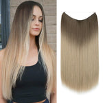 Split image showing a woman with long straight ombré hair (dark brown roots fading to blonde ends) on the left, and a matching straight clip-in hair extension piece with the same brown-to-blonde gradient on the right, on a white background.