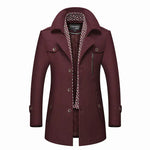 Burgundy button-up coat with a wide collar and zip chest pocket.