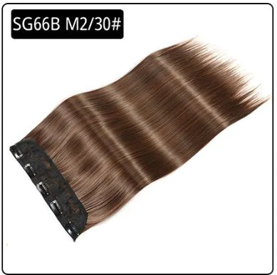 A long clip-in hair extension in a rich brown shade labeled "SG66B M2/30#," shown on a white background with a black clip-in band.