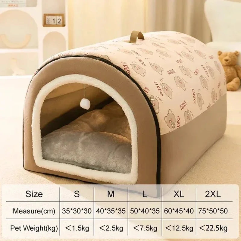 Soft indoor pet bed shaped like a small tunnel/igloo, with a cushioned interior and patterned cover, shown with a size chart listing S–2XL dimensions and recommended pet weights.