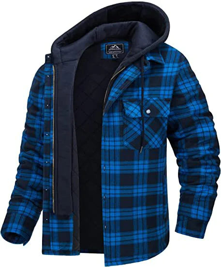 A men's blue and black plaid flannel jacket with a quilted inner lining and an attached black hood. The jacket features a button-up front with snap closures, a zippered interior, and a single chest pocket with a buttoned flap. The thick, insulated design makes it suitable for cold weather.