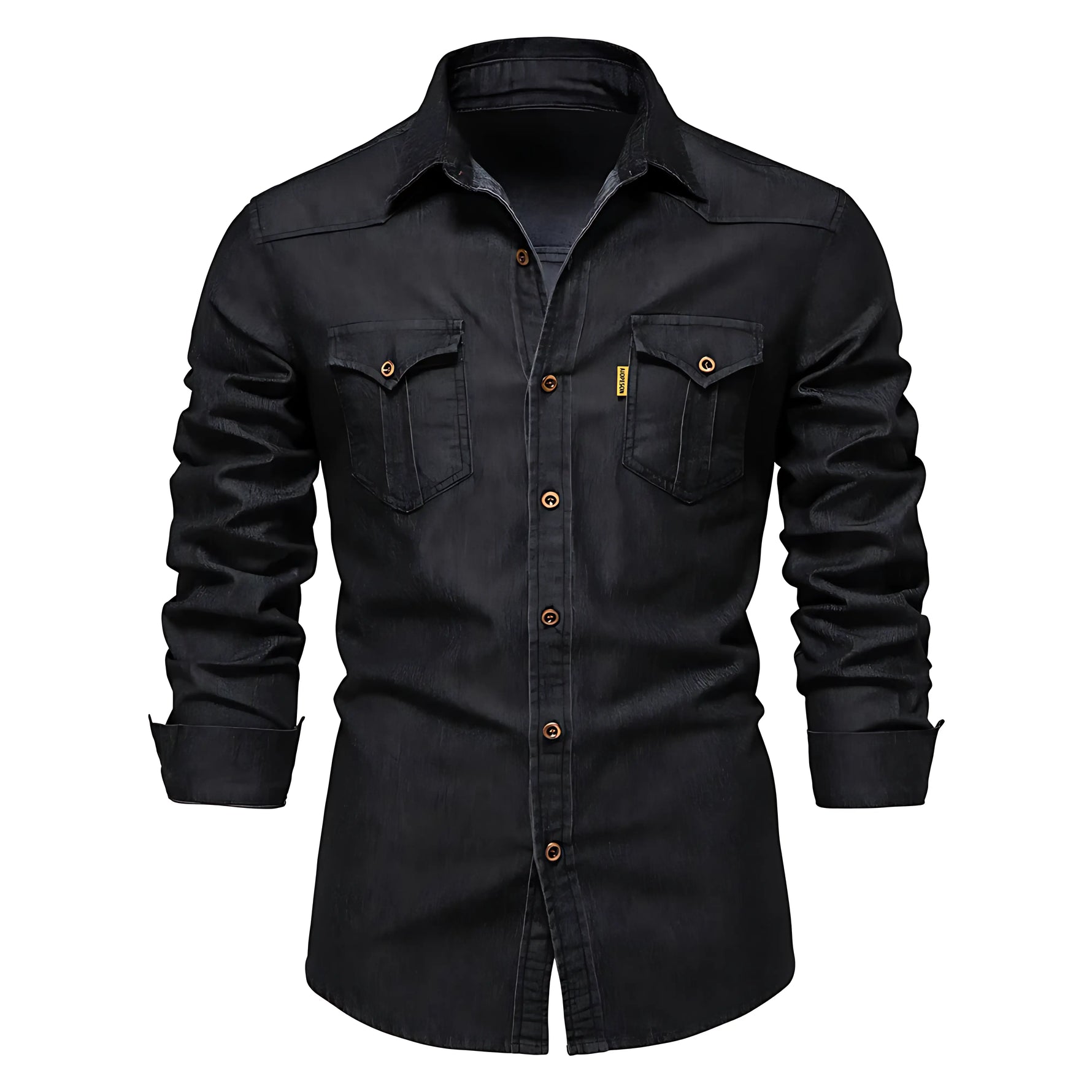 Black long-sleeve button-up work shirt with two flap chest pockets and brown buttons, on a white background.