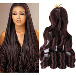 Left image shows a woman with long, braided hair, while the right side displays a wavy hair extension weft in a deep reddish-brown color