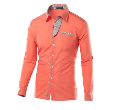 A pink long-sleeve shirt with a checkered pattern on the inner collar and a small pocket on the chest.