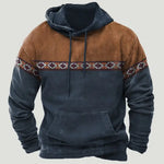 Two-tone pullover hoodie in brown and navy with a front kangaroo pocket and geometric stripe detail across the chest and sleeves.