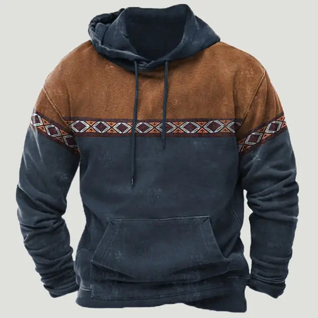 Two-tone pullover hoodie in brown and navy with a front kangaroo pocket and geometric stripe detail across the chest and sleeves.
