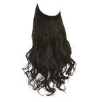 Long wavy dark brown halo hair extension piece with curled ends, shown on a white background.