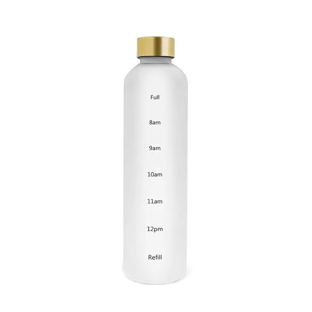 The image shows a tall, cylindrical white water bottle with time markers printed vertically on the side. Starting from "Full" at the top, the bottle shows time markers at intervals of 8 AM, 9 AM, 10 AM, 11 AM, and 12 PM, with a "Refill" mark at the bottom. The bottle features a gold-colored cap, which contrasts with the clean white design. The bottle is positioned upright against a plain white background, emphasizing its sleek and minimalist design.