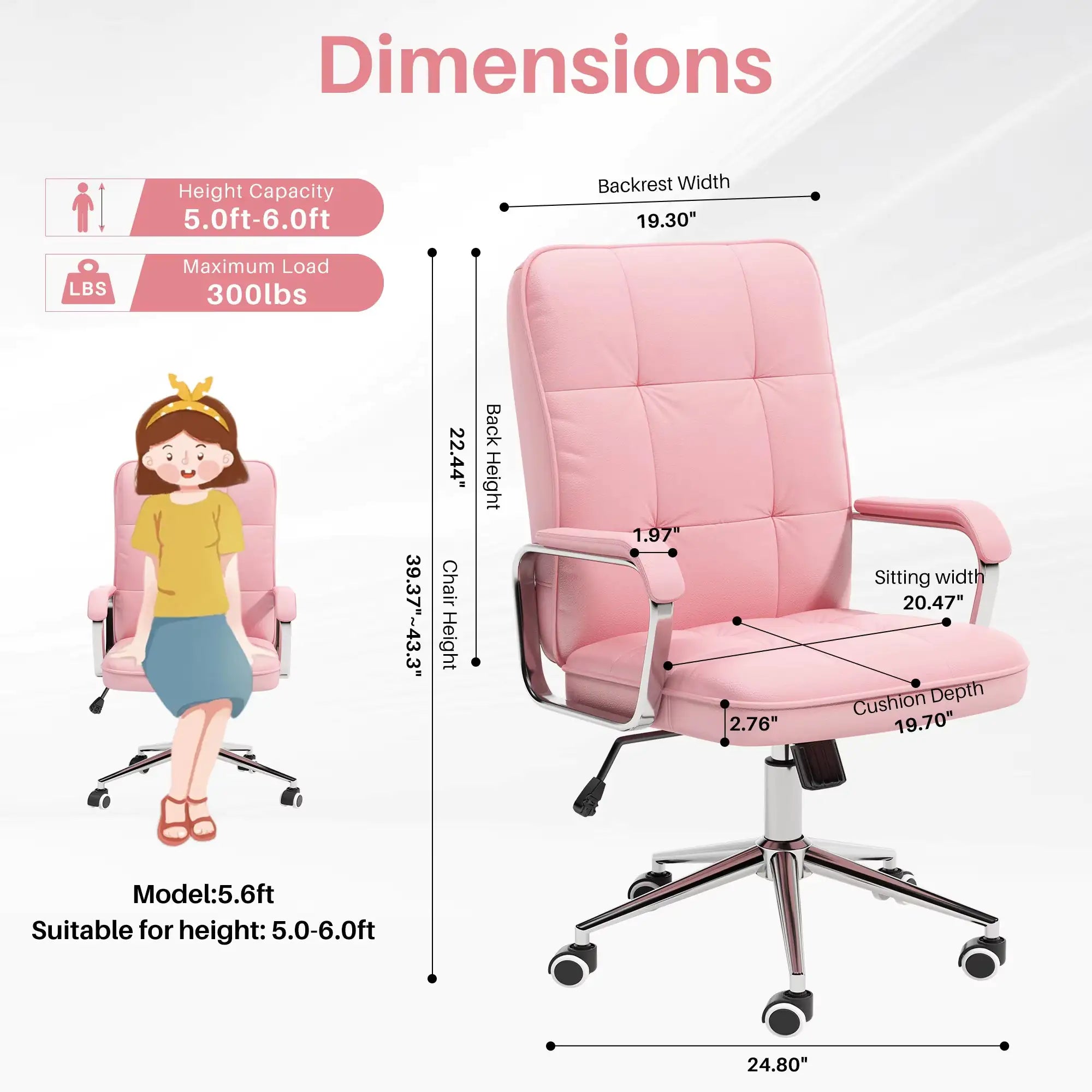 Pink office chair with dimensions and capacity details on a white background