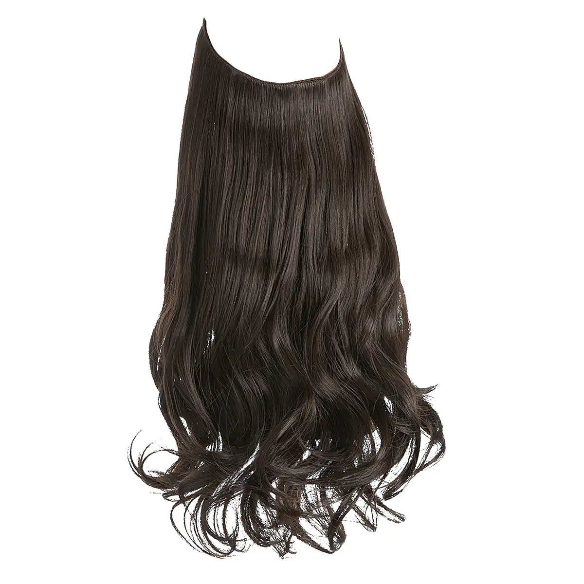 Long dark brown clip-in hair extension with smooth roots and loose wavy ends, shown isolated on a white background.