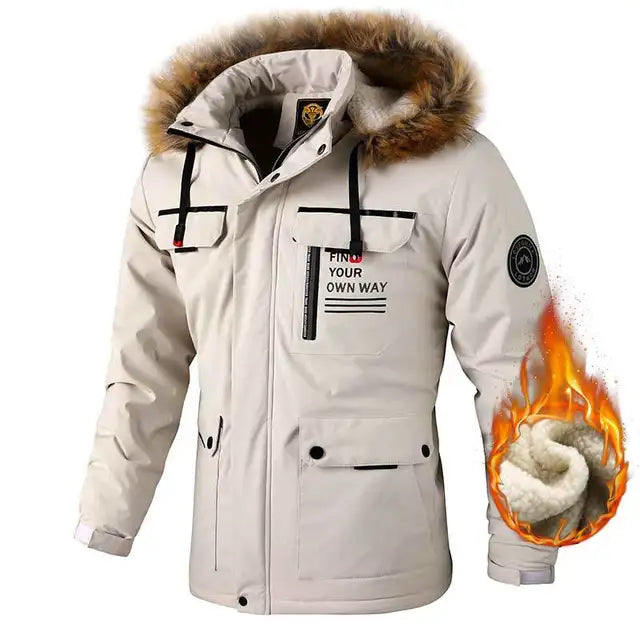A stylish maroon winter jacket with a fur-lined hood, multiple zippered pockets, and the text "Find Your Own Way" on the chest. The jacket has a thick insulated lining, highlighted by a flame graphic emphasizing warmth and heat retention. Designed for cold weather and outdoor wear.