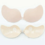 Nude adhesive stick-on bra shown front and back with centre clasp.